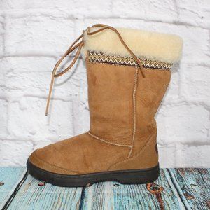 UGG Australia Ultimate Brown Leather Tall Shearling Lined Cuff Boots 8